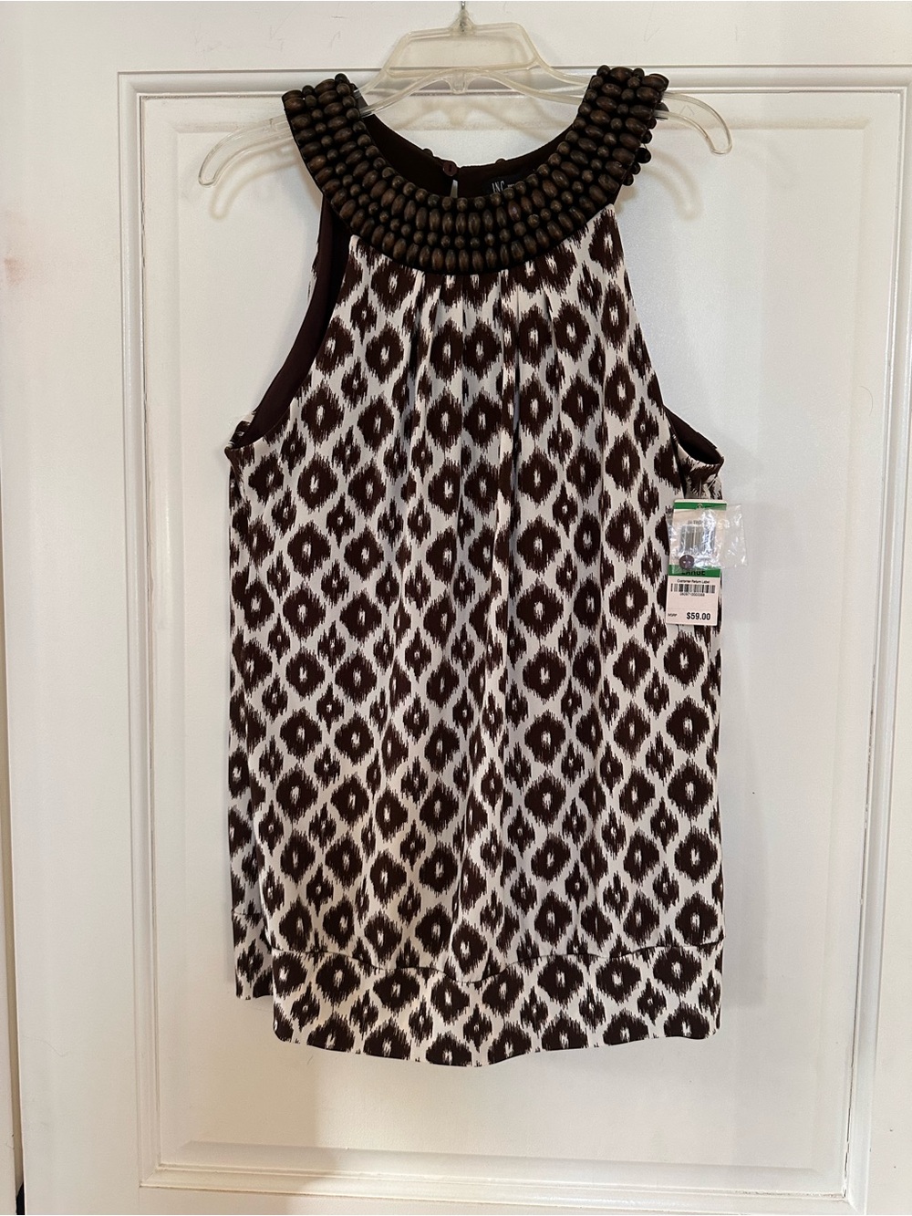 Fantastic NWT Sleeveless Beaded Neck Ikat Print Top Brown & White